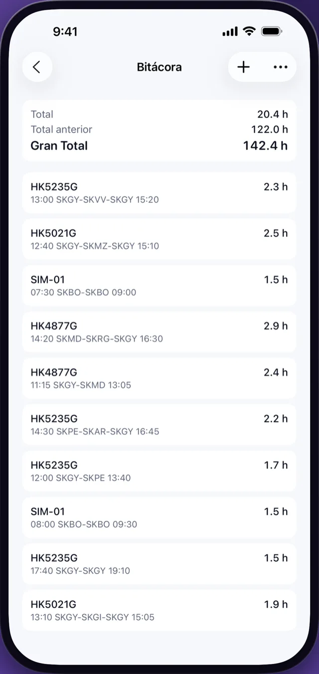 Bitácora de CrewReady con vuelos por matrícula, rutas y el total de horas acumuladas (iPhone)