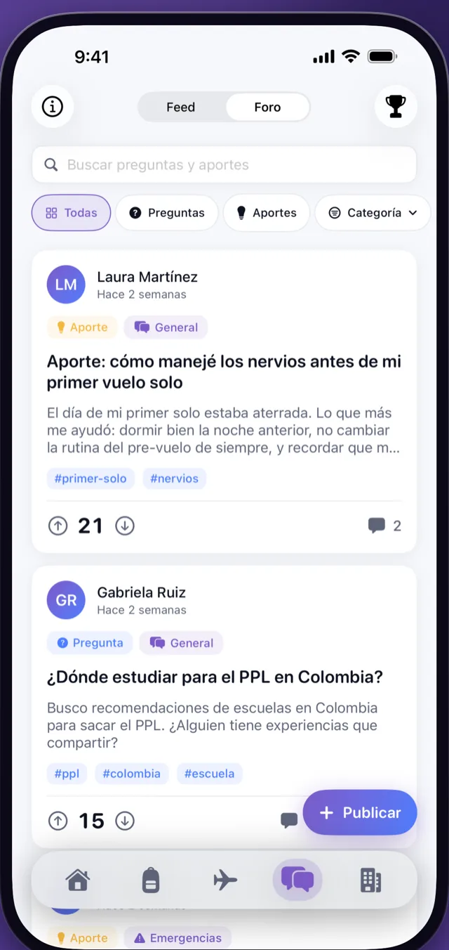 Foro de la comunidad de CrewReady con aportes y preguntas de otros usuarios (iPhone)