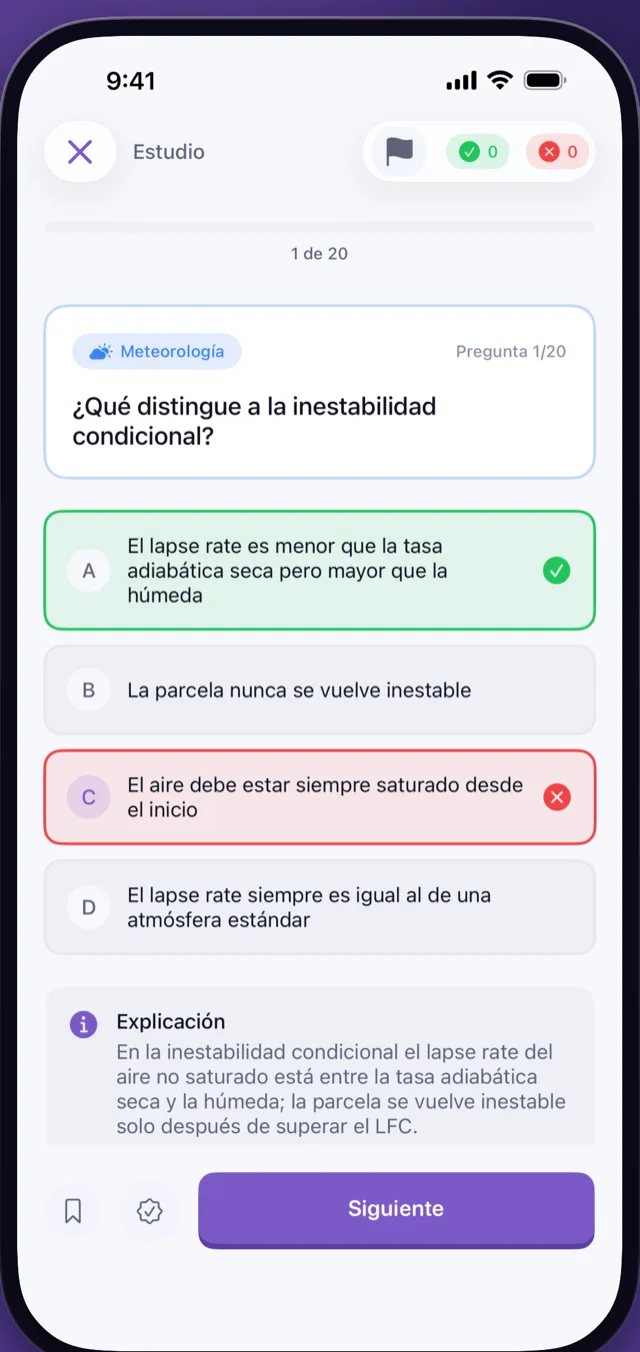 Quiz de meteorología en CrewReady con la respuesta correcta marcada y su explicación (iPhone)