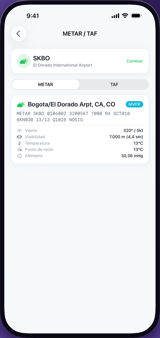 METAR de El Dorado decodificado en CrewReady con viento, visibilidad, temperatura y altímetro (iPhone)