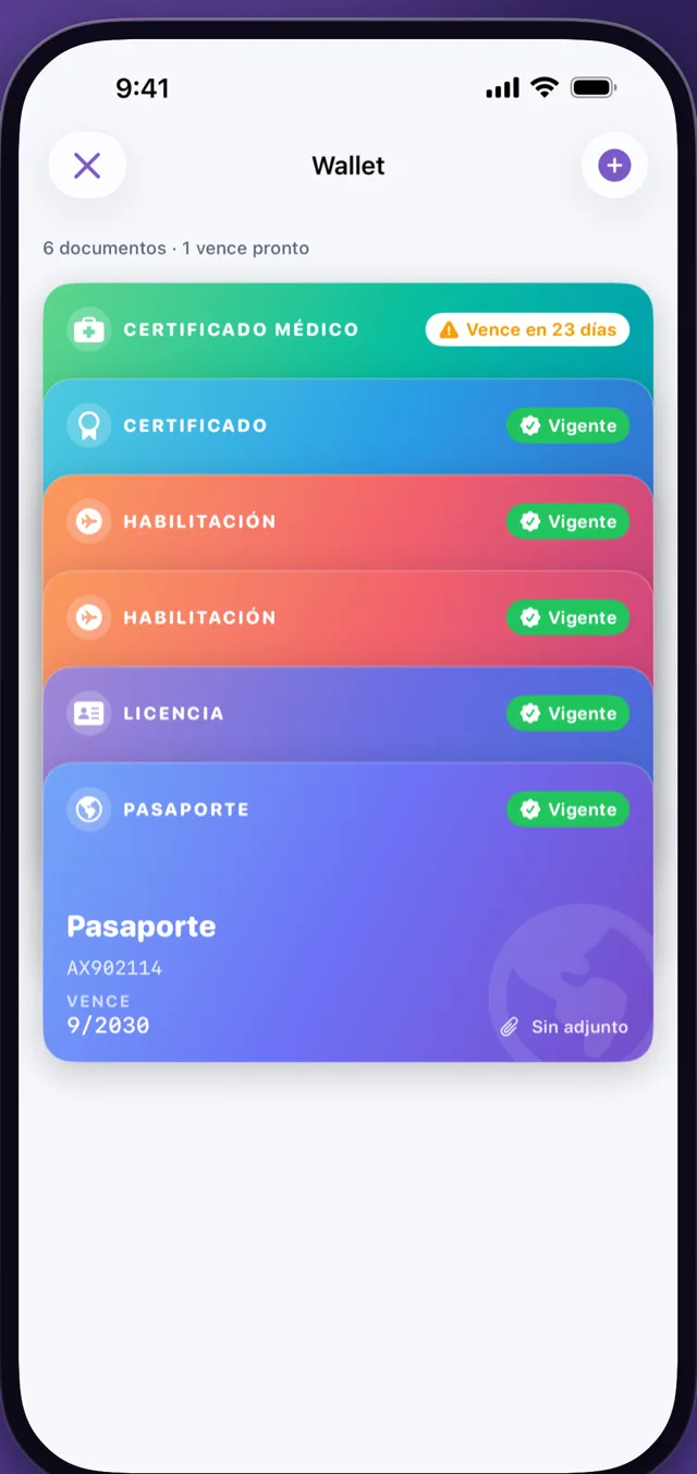 Billetera de CrewReady con certificado médico por vencer, habilitaciones, licencia y pasaporte vigentes (iPhone)