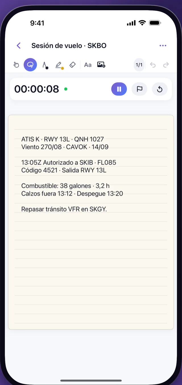 Notepad de CrewReady con cronómetro y notas de la sesión: ATIS, autorización, combustible y tiempos (iPhone)