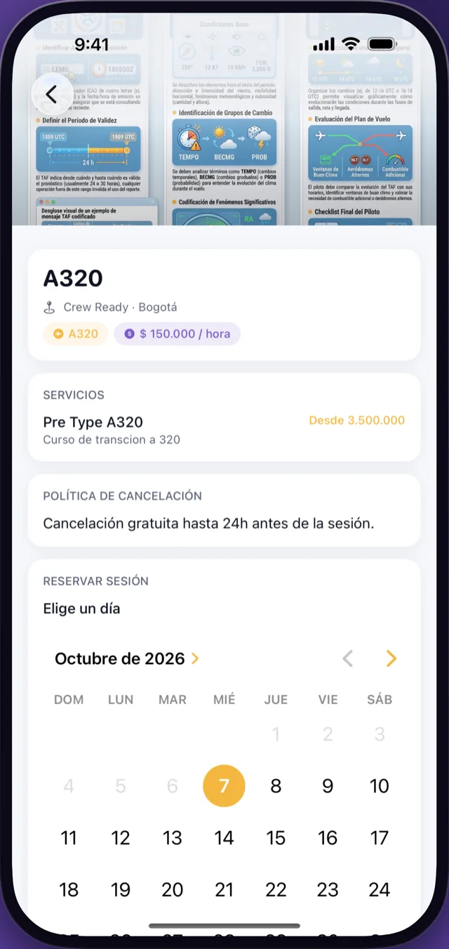 Ficha del simulador A320 en CrewReady con precio por hora y calendario para reservar la sesión (iPhone)