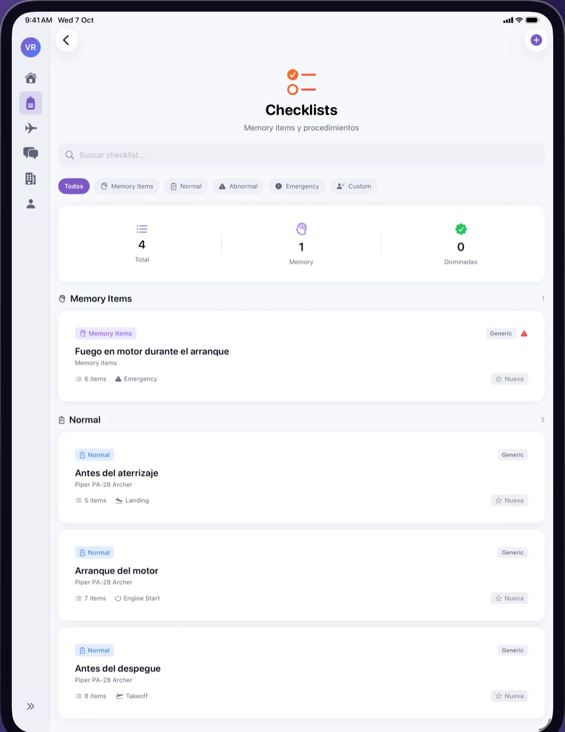 Checklists de CrewReady con memory items de emergencia y procedimientos normales del Piper Archer (iPad)