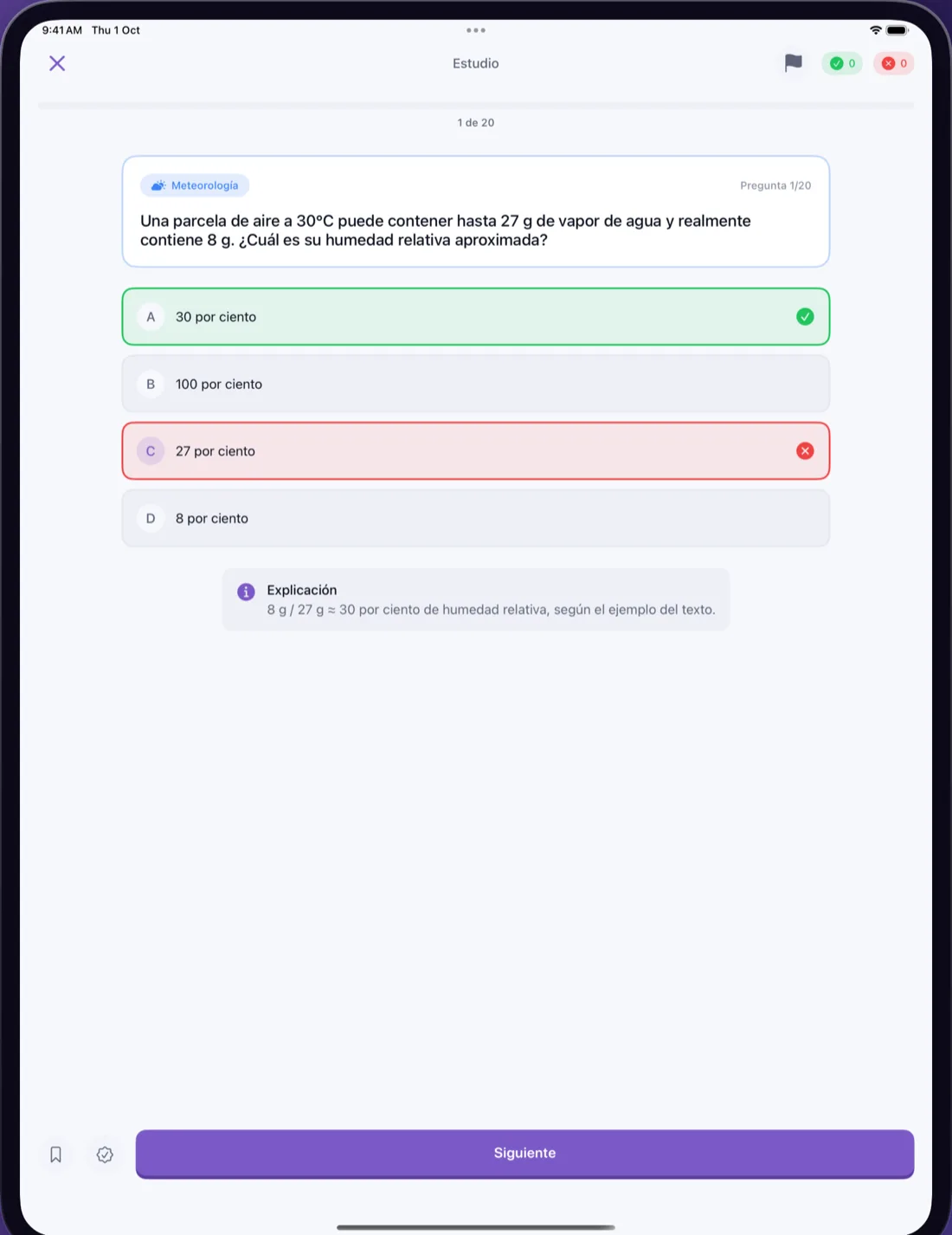 Quiz de meteorología en CrewReady con la respuesta correcta marcada y su explicación (iPad)