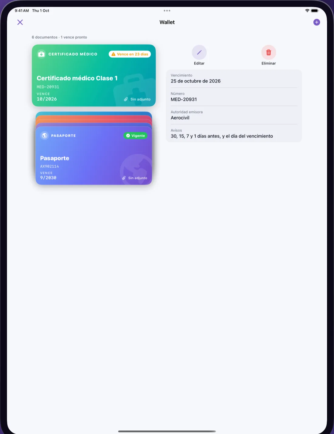 Billetera de CrewReady con certificado médico por vencer, habilitaciones, licencia y pasaporte vigentes (iPad)