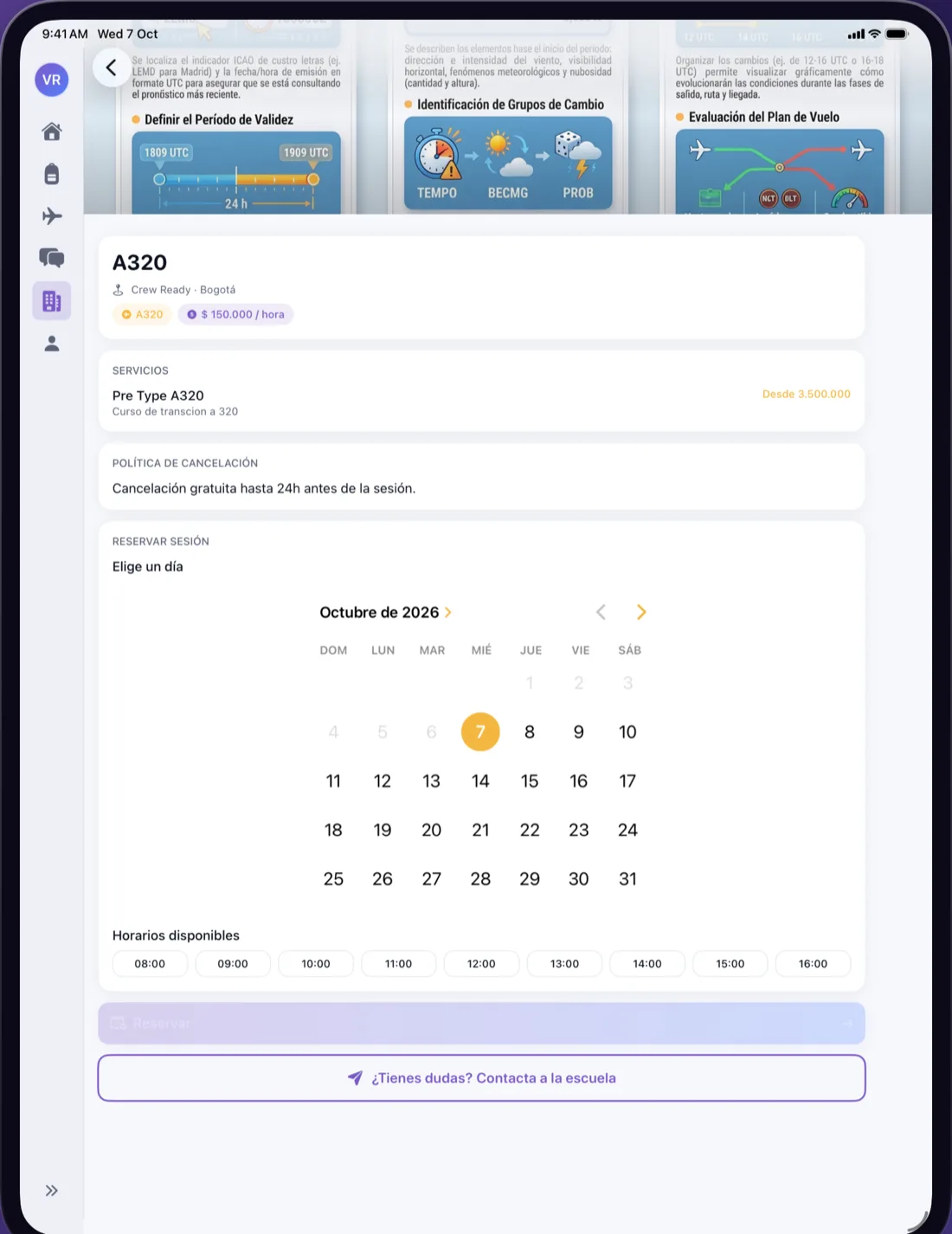 Ficha del simulador A320 en CrewReady con precio por hora y calendario para reservar la sesión (iPad)